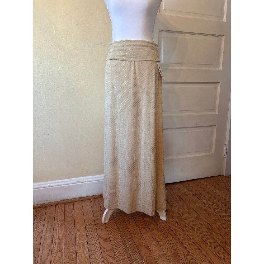 Woman's maxi skirt tan gold polka dots yoga band waist cottage core grandma NEW